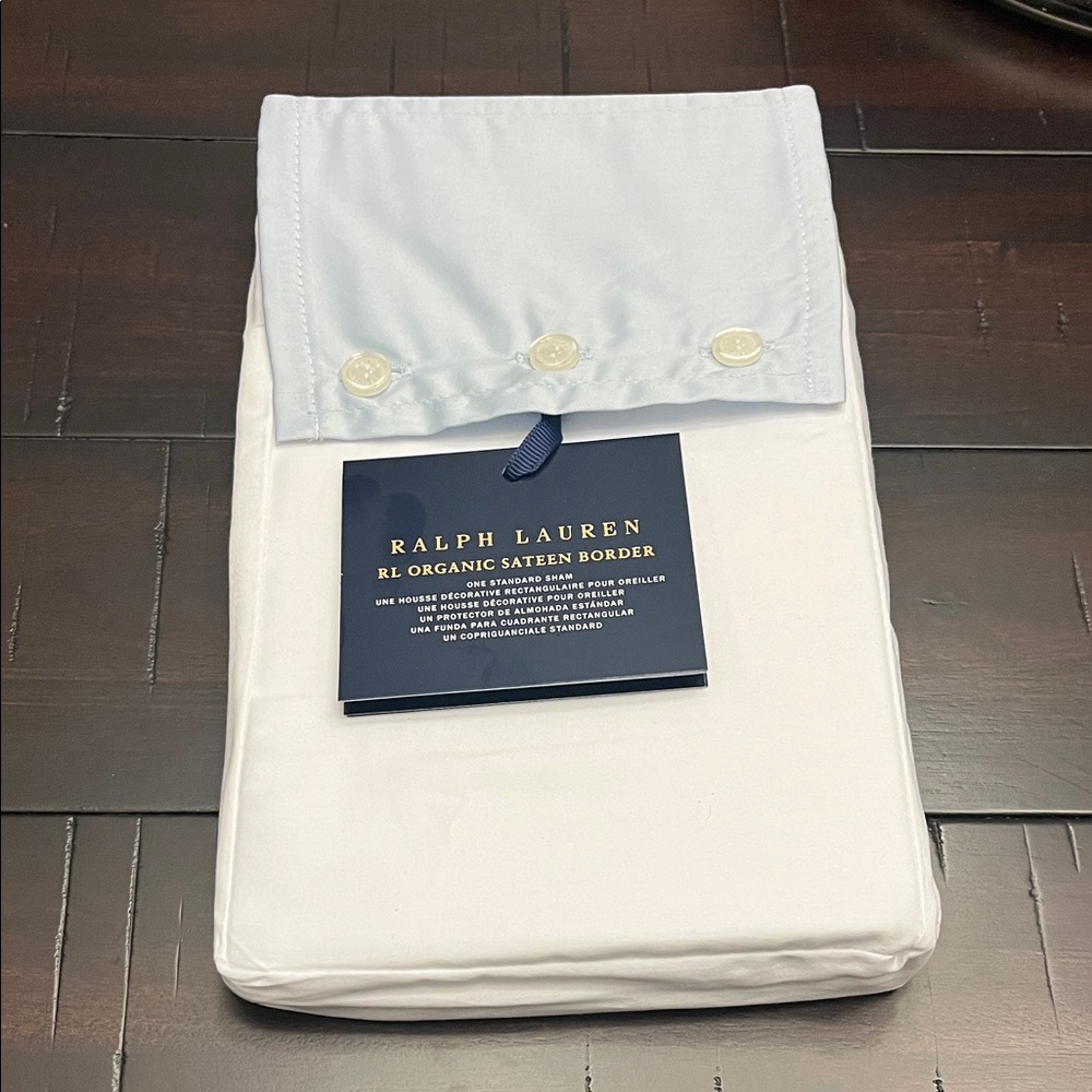 Ralph Lauren RL Organic Sateen Border Standard Pillow Sham Blue Hyacinth